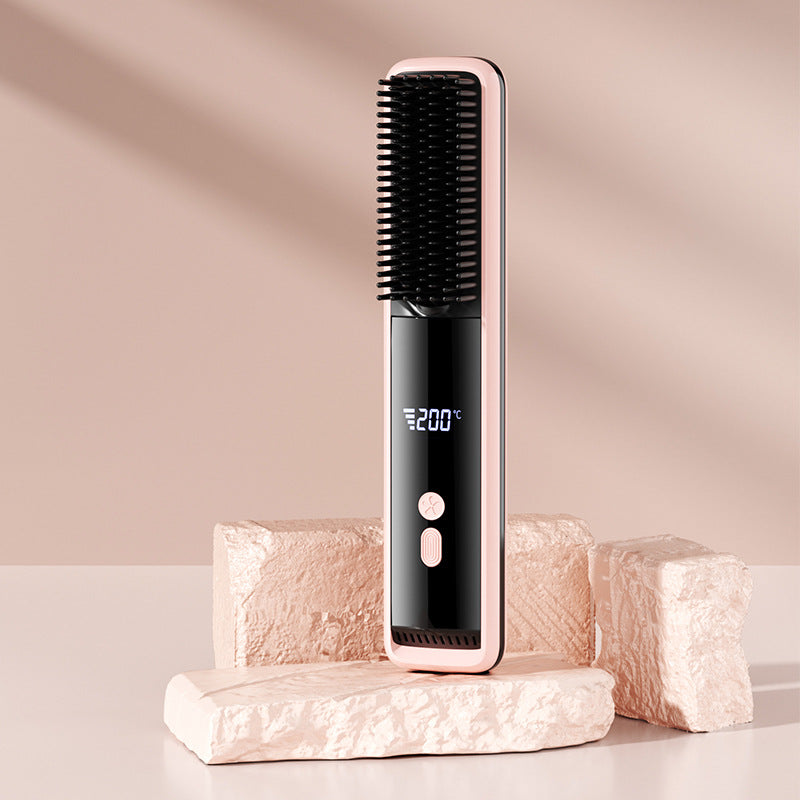 Cordless Hair Straightener Brush for Travel Portable Hair Straightener Comb with Negative Ion Mini hot Brush for Women, on-The-go Rechargeable with LED Display Anti-Scald Protection