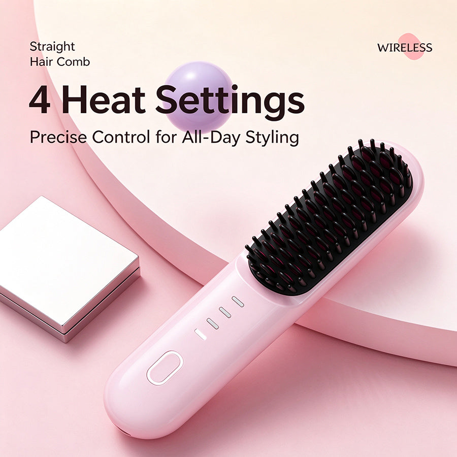 Cordless Hair Straightener Brush, Portable Negative Ion Hot Comb 4 Temperature Settings, Anti-Scald